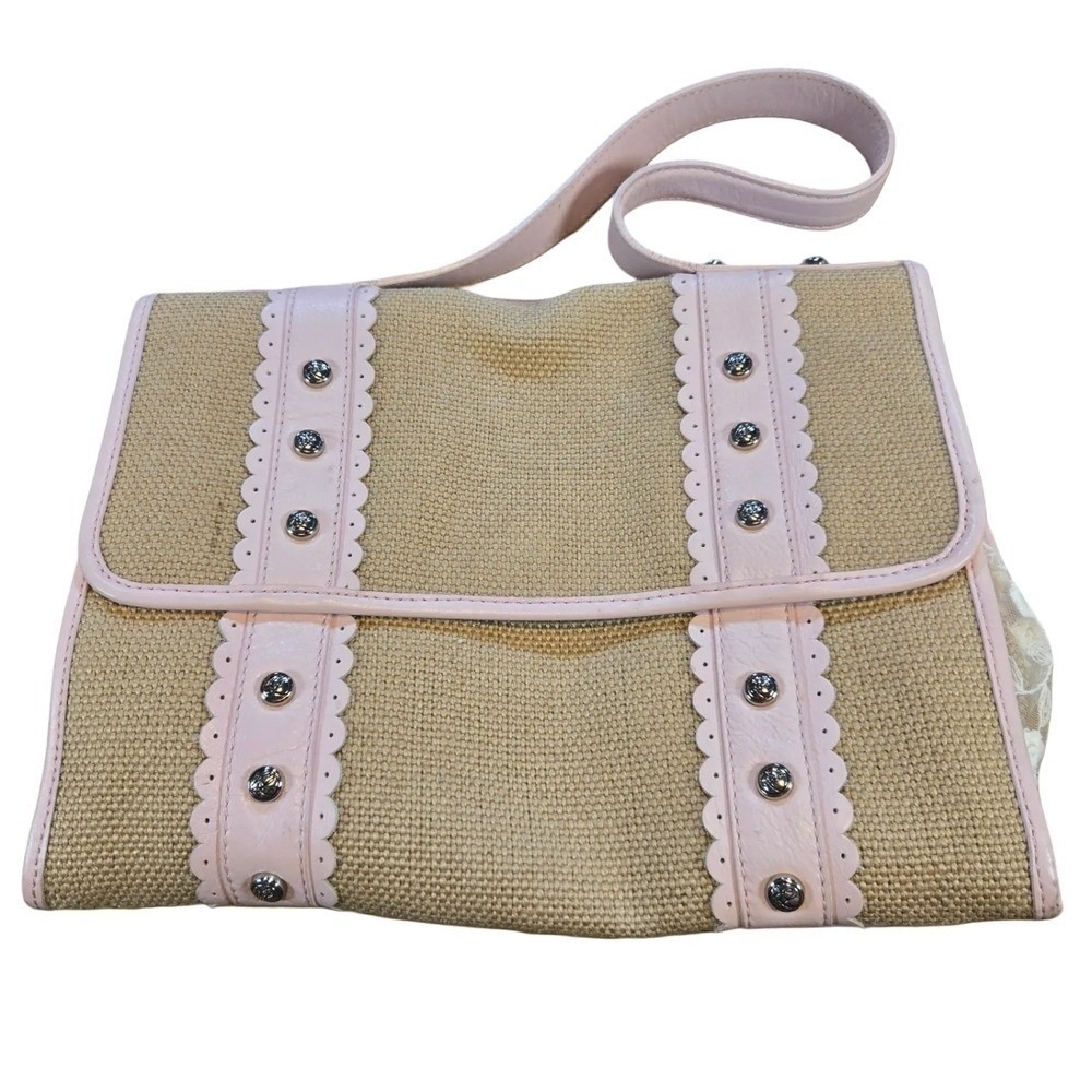 Kate Landry Shoulder Bag Womens Medium Tan Pink Canvas Leather Lace Studded Flap